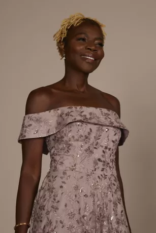 Off-the-Shoulder Embroidered Sparkle A-Line 3 Off-the-Shoulder Embroidered Sparkle A-Line - Image 3