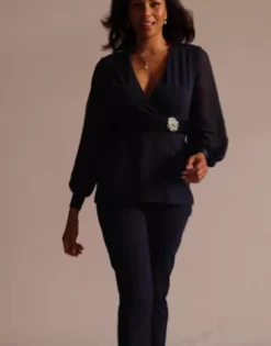 Long Sleeve Illusion Crepe Pantsuit -Floral Applique Dresses Shop D40NY23261 Midnight