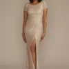Scoop Neck Gathered Lace Sheath Dress With Slit