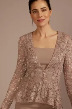 Short Crepe Sheath Dress With Lace Peplum Jacket -Floral Applique Dresses Shop D40NY23291V2 BISCOTTI MOB PROD3 091