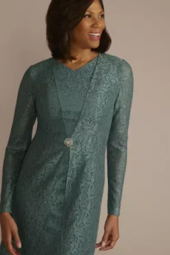 Knee Length Glitter Lace Sheath Jacket Dress -Floral Applique Dresses Shop D40NY23292V1 GREEN MOB PROD2 045