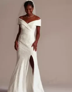 Cuffed Off-the-Shoulder Lace Sheath Gown -Floral Applique Dresses Shop DB1531