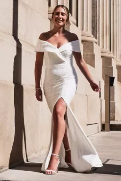 Cuffed Off-the-Shoulder Lace Sheath Gown -Floral Applique Dresses Shop DB1531 PDP Crop NOV4 1920x2880