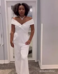 Cuffed Off-the-Shoulder Stretch Crepe Jumpsuit -Floral Applique Dresses Shop DB3230 DB3230W