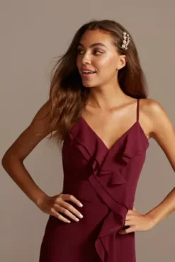 Ruffle Spaghetti-Strap Chiffon Dress With Slit -Floral Applique Dresses Shop DS270094 MMERLOT DBSTU BM PROD10 116