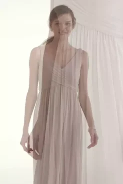 Long Mesh Dress With Cowl Back Detail -Floral Applique Dresses Shop F15933 BISCOTTI BM VID VER 15S