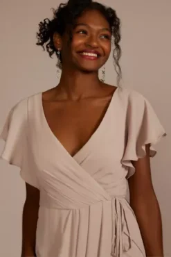 Flutter Sleeve Georgette Wrap Bridesmaid Dress -Floral Applique Dresses Shop F20039 BISCOTTI BM PROD9 V2 069 detail