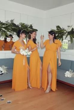 Flutter Sleeve Georgette Wrap Bridesmaid Dress -Floral Applique Dresses Shop F20039 ZZZ 1