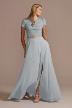 Bridesmaid Separates Chiffon Full Skirt With Slit -Floral Applique Dresses Shop F20422 DUSTYBLUE BM PROD7 017