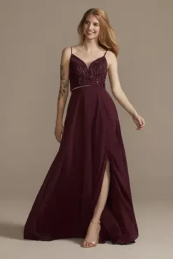 Bridesmaid Separates Chiffon Full Skirt With Slit -Floral Applique Dresses Shop F20422 WINE BM PROD5 146