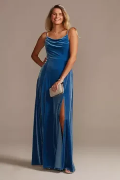 Velvet Cowl Neck Spaghetti Strap Bridesmaid Dress