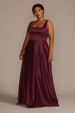 Satin Square Neck Tank Bridesmaid Dress -Floral Applique Dresses Shop F20461 WINE BM PROD11 067