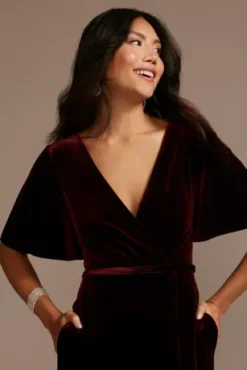 Stretch Velvet Flutter Sleeve Bridesmaid Dress -Floral Applique Dresses Shop F20469 WINE BM PROD9 91