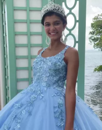 Metallic Floral Glitter Tulle Quince Ball Gown 4 Metallic Floral Glitter Tulle Quince Ball Gown - Image 4