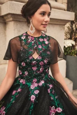 Multicolor Floral Quince Ball Gown With Capelet 14 Multicolor Floral Quince Ball Gown With Capelet -Floral Applique Dresses Shop FR2202 2 PDP Crop JAN21 1920x2880