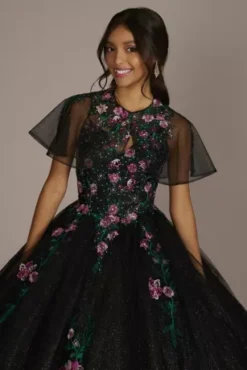 Multicolor Floral Quince Ball Gown With Capelet 13 Multicolor Floral Quince Ball Gown With Capelet -Floral Applique Dresses Shop FR2202 BLACKMULTI QUINCE PROD12 067