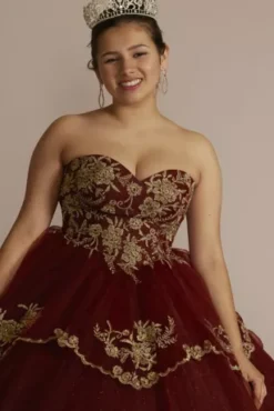 Tiered Quince Dress With Interchangeable Sleeves 26 Tiered Quince Dress With Interchangeable Sleeves -Floral Applique Dresses Shop FR2208 MWINEGOLD QUINCE20PROD5 119