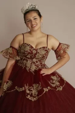 Tiered Quince Dress With Interchangeable Sleeves 23 Tiered Quince Dress With Interchangeable Sleeves -Floral Applique Dresses Shop FR2208 MWINEGOLD QUINCE20PROD5 232