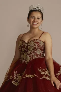 Tiered Quince Dress With Interchangeable Sleeves 24 Tiered Quince Dress With Interchangeable Sleeves -Floral Applique Dresses Shop FR2208 MWINEGOLD QUINCE20PROD5 259