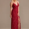 Allover Lace Sheath Gown With Plunging Neckline