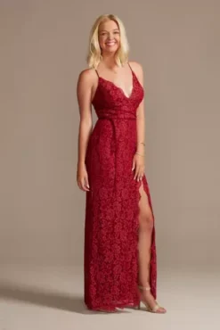 Allover Lace Sheath Gown With Plunging Neckline