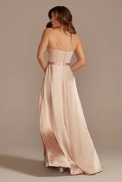 Crepe Corset Bridesmaid Dress With Charmeuse Skirt -Floral Applique Dresses Shop GS290039 SAND BM PROD3 172