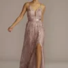 Sequin Embroidered Plunge Bridesmaid Dress
