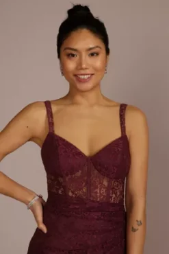 Lace Corset Bodice Bridesmaid Dress With Slit -Floral Applique Dresses Shop GS290105 WINE BM PROD5 056