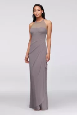 Sleeveless Long Mesh Dress With Illusion Neckline