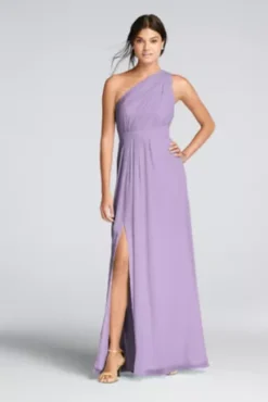 Long One-Shoulder Crinkle Chiffon Dress