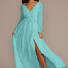 Long Sleeve Chiffon Bridesmaid Dress With Slit