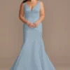Plunge Mermaid Buttoned Satin Petite Wedding Dress