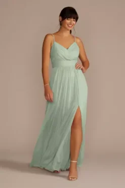 Spaghetti Strap Ruched Waist Mesh Bridesmaid Dress