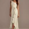 One Shoulder Crepe Satin Ruffle Bridesmaid Dress