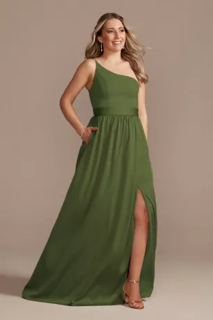 One-Shoulder Long Crepe Charmeuse Bridesmaid Dress 1 One-Shoulder Long Crepe Charmeuse Bridesmaid Dress