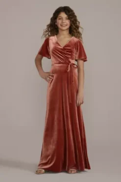 Velvet Flutter Sleeve Junior Bridesmaid Dress