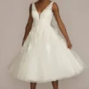 Embroidered V-Neck Tea-Length Wedding Dress