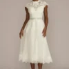 Embroidered Mock Neck Tea-Length Wedding Dress