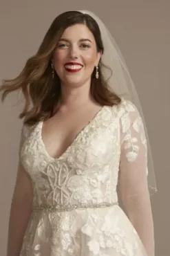 Illusion Sleeve Plunging Tea-Length Wedding Dress -Floral Applique Dresses Shop MIDSWG820 IVYCASHMERE SIG PROD9 083