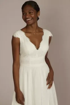 Lace Illusion Back Chiffon Tea Length Wedding Gown -Floral Applique Dresses Shop MIDWG4011DB SOFTWHITE DBSTU PRODUCT12 103