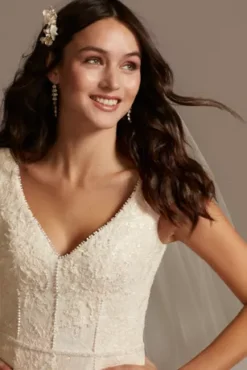 Cap Sleeve Dot Trim Point D'Esprit Wedding Dress -Floral Applique Dresses Shop MS251230 IVYSTONE MS PROD3 076