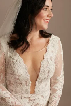 Illusion Plunge Long Sleeve Lace Wedding Dress -Floral Applique Dresses Shop MS251247 IVYBISQUE MS PROD12 071