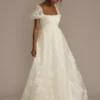 Embroidered Puff Sleeve Empire Waist Wedding Dress