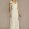 Cap Sleeve V-Neck Beaded Lace Sheath Wedding Dress