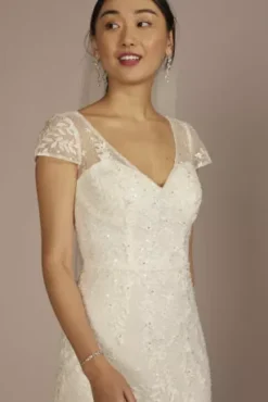 Cap Sleeve V-Neck Beaded Lace Sheath Wedding Dress -Floral Applique Dresses Shop MS251268 SOLIDIVORY MS PROD3 062
