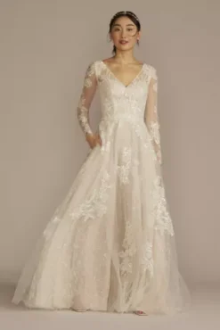 Long Sleeve Pleated Lace Applique Wedding Dress
