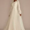 Long Sleeve Pearl Tulle Modest Wedding Dress