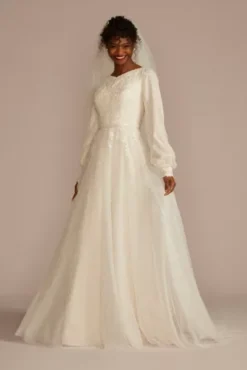 Long Sleeve Pearl Tulle Modest Wedding Dress