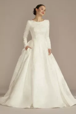 Long Sleeve Beaded Lace Modest Wedding Dress