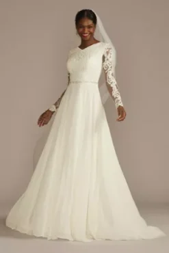 Long Sleeve Applique Chiffon Modest Wedding Dress